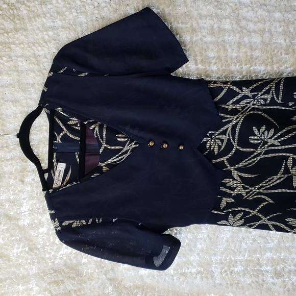 Vintage midi dress with built in vest and waist tie. Navy with cream floral med - Picture 3 of 12